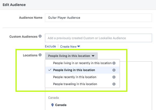 Screenshot of location options in Facebook Business Manager where you can select only customers that live in a specific area.