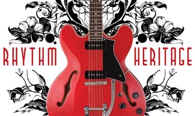 closeup of body of red Cort Rhythm Heritage electric guitar